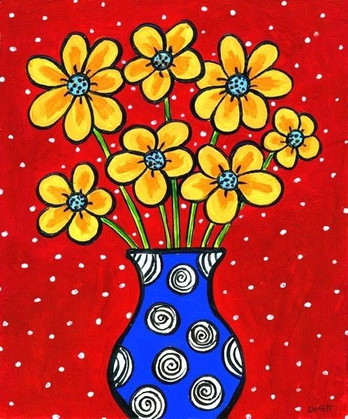 Drawing Of Blue Flowers Yellow Flowers Blue Vase Shelagh Duffett Print In 2018 Drawing