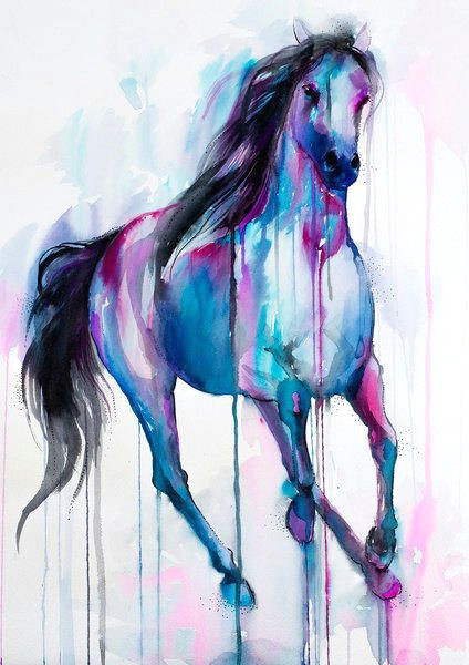 Drawing Of Blue Things original Watercolour Painting Magical Horse Animal Illustration