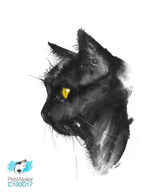 Drawing Of Cat Eye original Gift Unique Watercolor Cute Grey Cat with Yellow Eyes