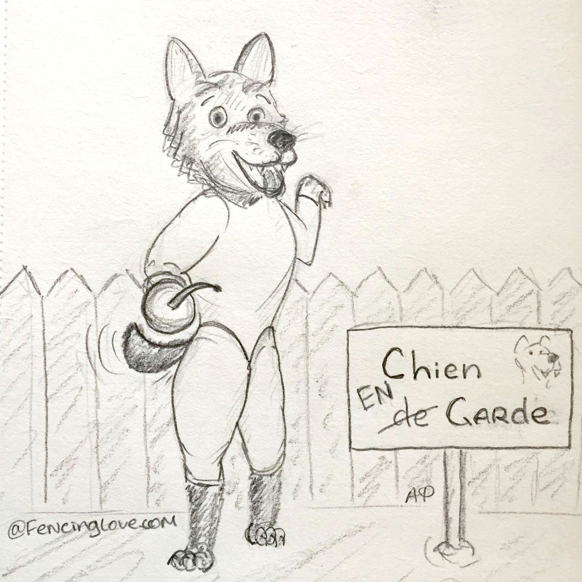Drawing Of Dog Playing Chien En Garde Guard Dog Fencing Sport Humor
