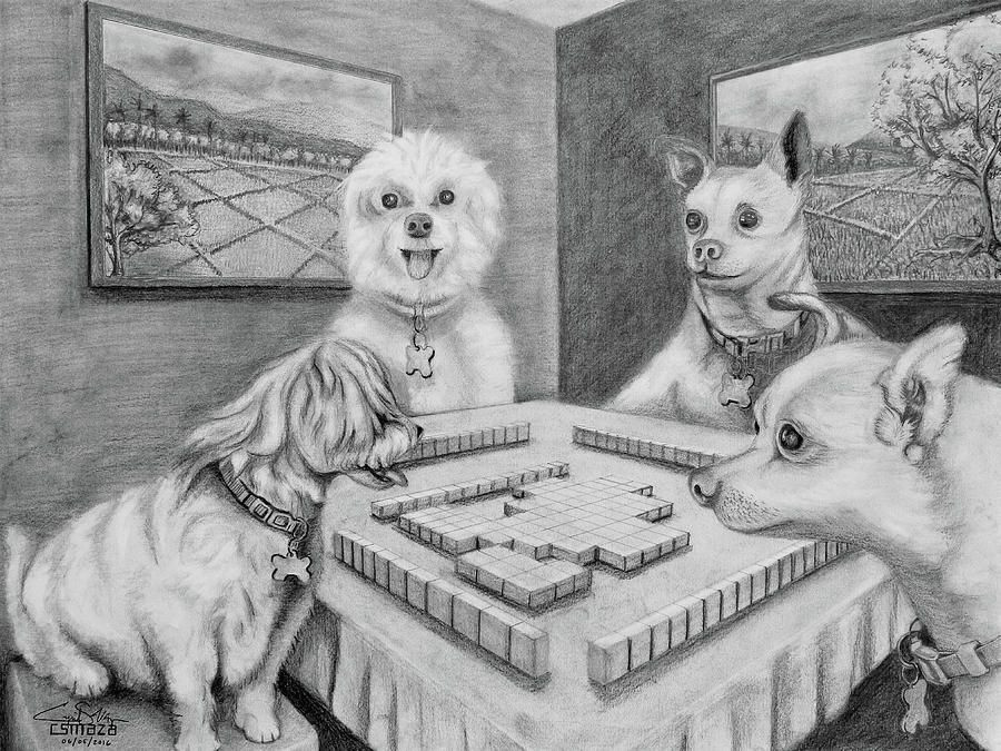 Drawing Of Dog Playing Dogs Playing Mahjong Drawing by Cyril Maza Mahjong Dogs Pets Play