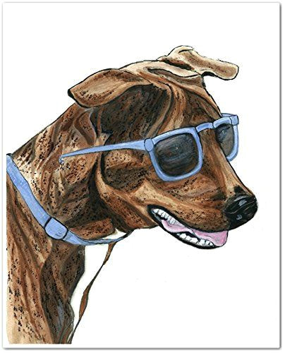 Drawing Of Dog with Glasses Brindle Dog In Blue Sunglasses Watercolor Art Print Unframed 8 X 10