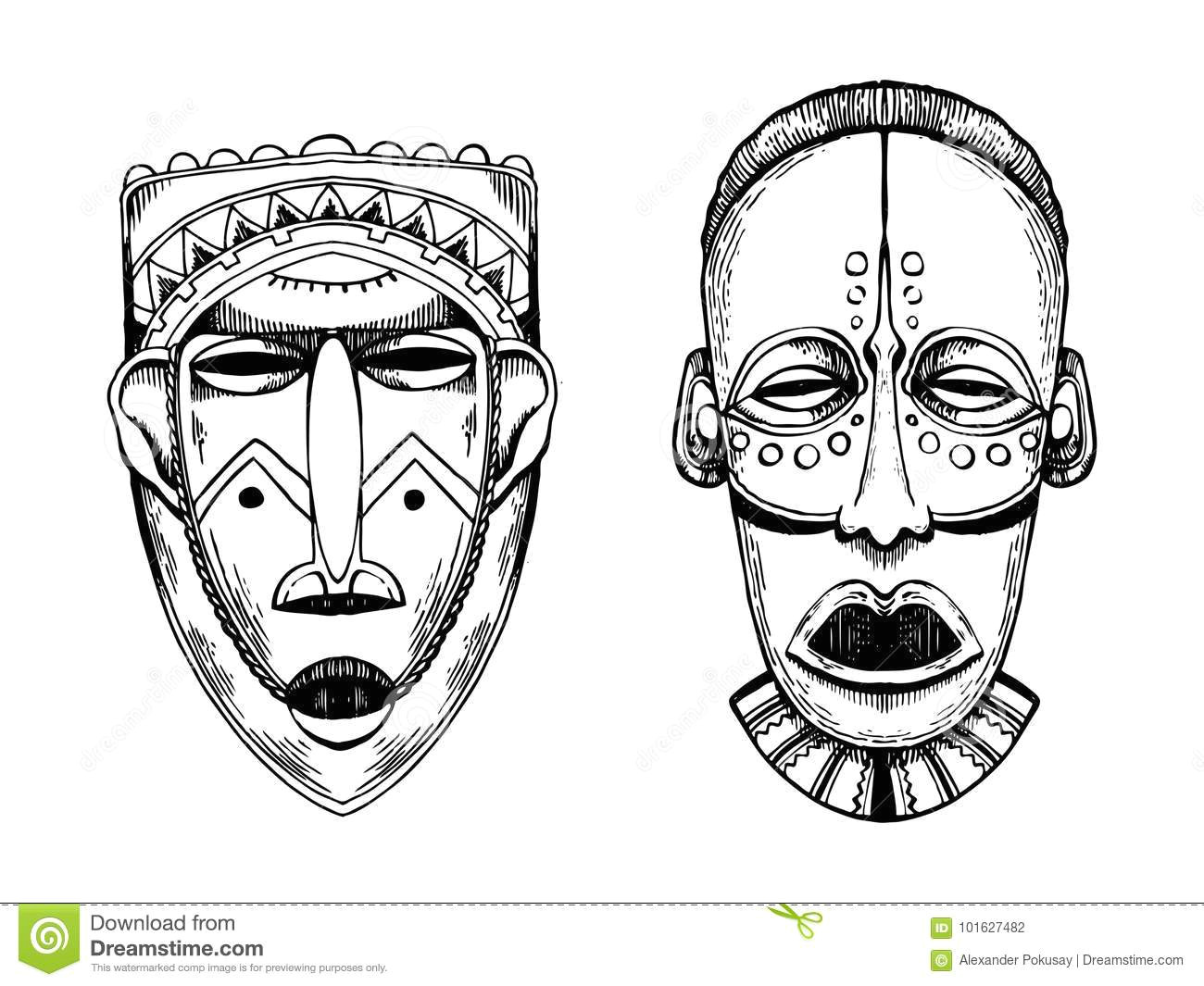 Drawing Of Eye Mask African Masks Of Savages Engraving Style Vector Stock Vector
