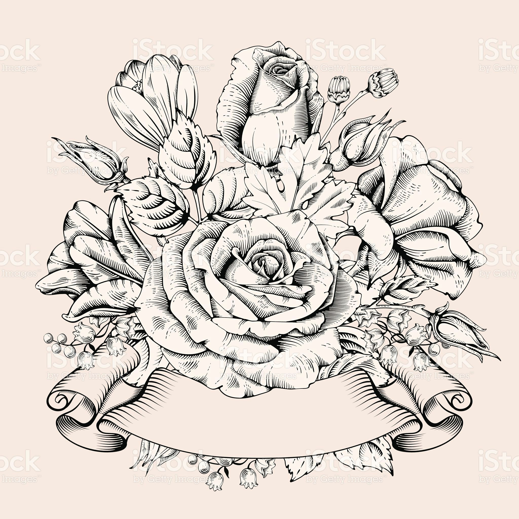 Drawing Of Flower Blooming Vintage Luxury Card with Detailed Hand Drawn Flowers Blooming Rose