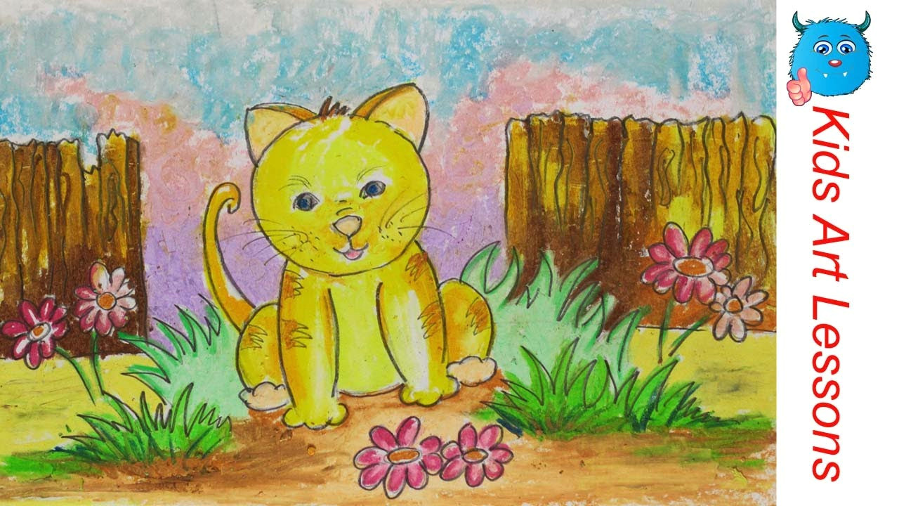 Drawing Of Flower Scenery Easy Scenery Drawing How to Draw A Cat In the Garden Step by Step