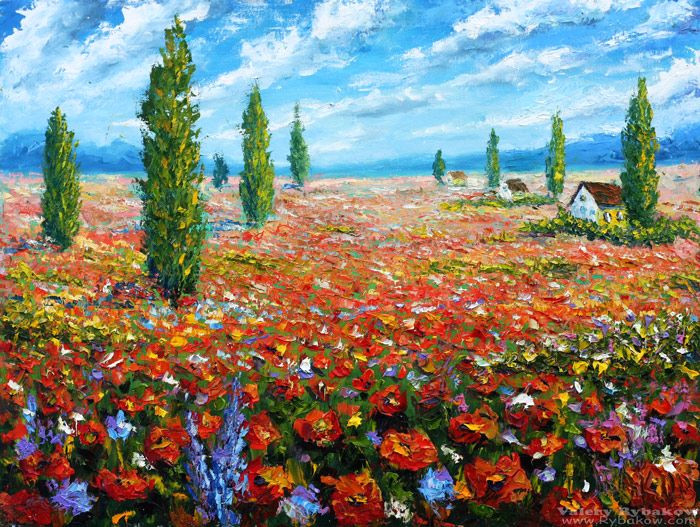 Drawing Of Flower Scenery Flowers Oil Painting the Field Of Red Poppies Palette Knife
