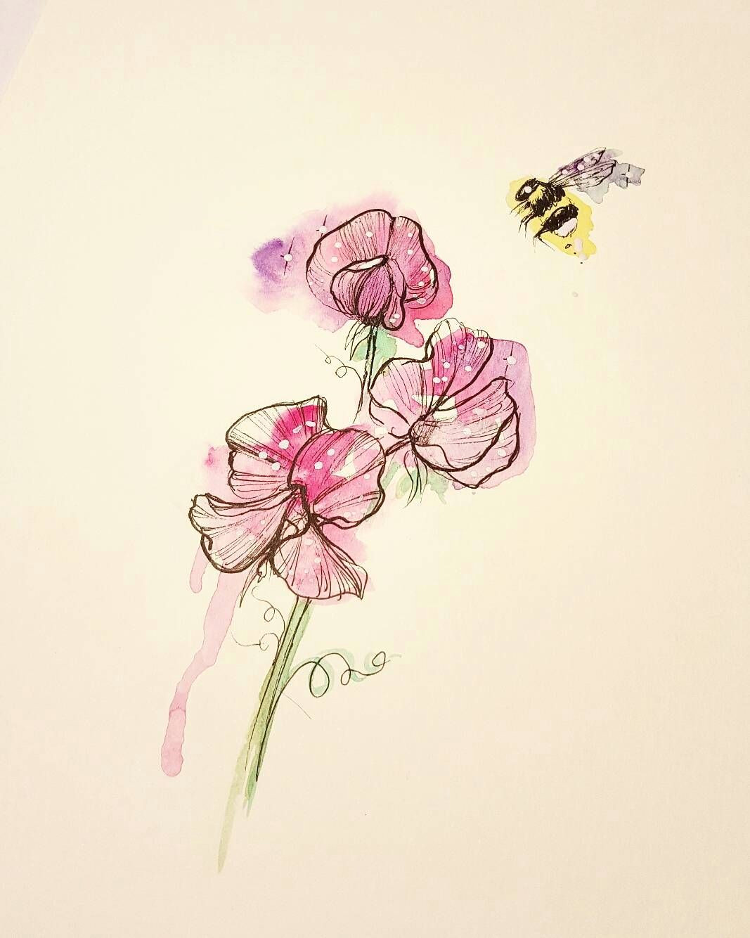 Drawing Of Flowers and Bees Sweet Pea Bee D Watercolourart Watercolour Windsorandnewton