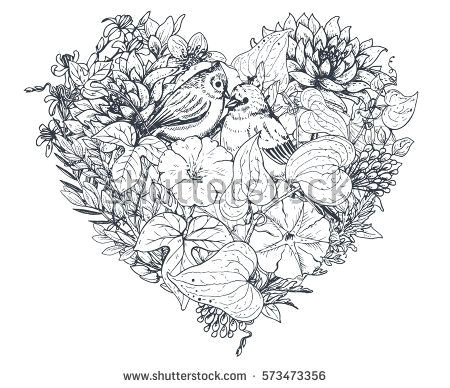 Drawing Of Flowers and Birds Floral Heart Bouquet Composition with Hand Drawn Flowers Plants