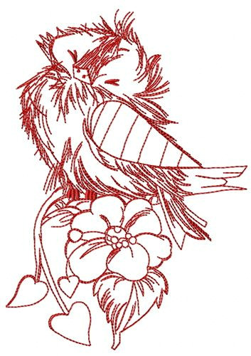 Drawing Of Flowers and Birds Ruffled Sparrow One Color Machine Embroidery Design Red Flower