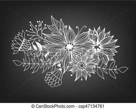 Drawing Of Flowers and Leaves Doodle Bouquet Od Flowers and Leaves On Chalkboard Background