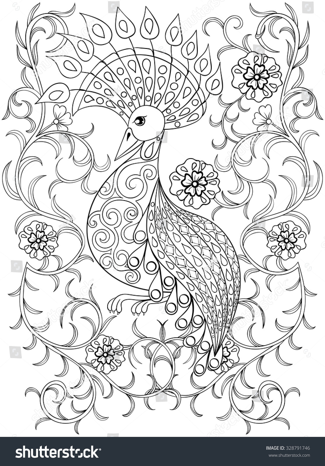 Drawing Of Flowers with Birds Royalty Free Coloring Page with Bird In Flowers 328791746 Stock