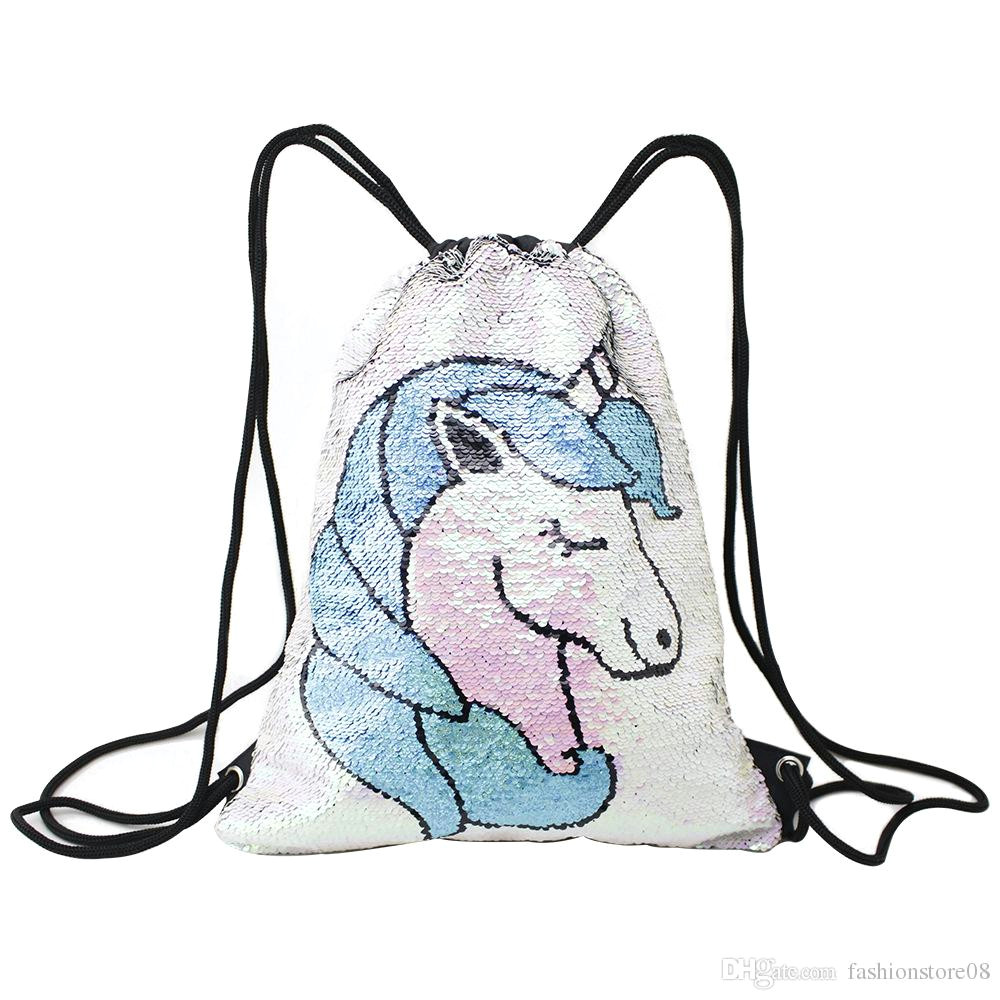 Drawing Of Girl Education Unicorn Heart Pineapple Flamingos Sequin Backpack Drawstring Bag for