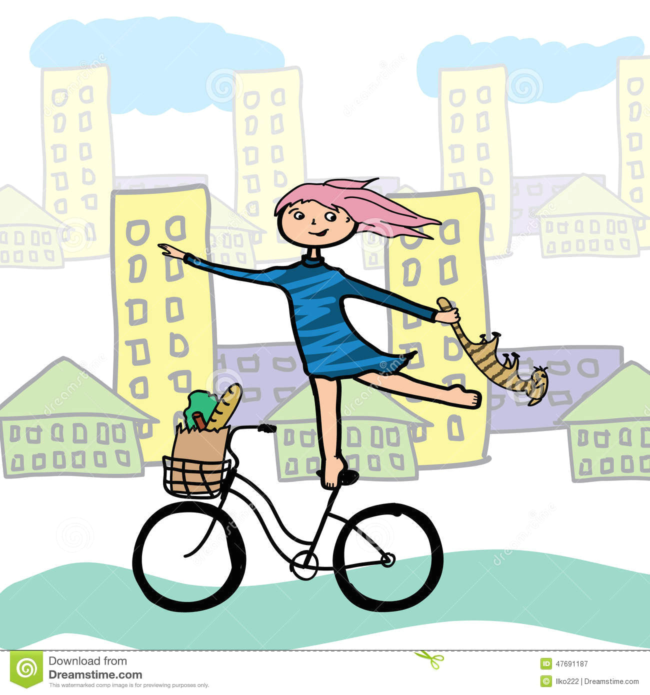 Drawing Of Girl Holding Cat Girl with A Cat On A Bicycle Stock Vector Illustration Of