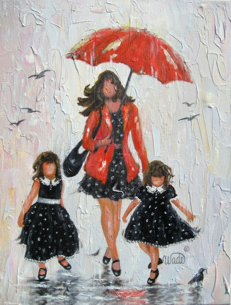 Drawing Of Girl In Rain Reserved for Char Rain Girls original Painting Mother and Two