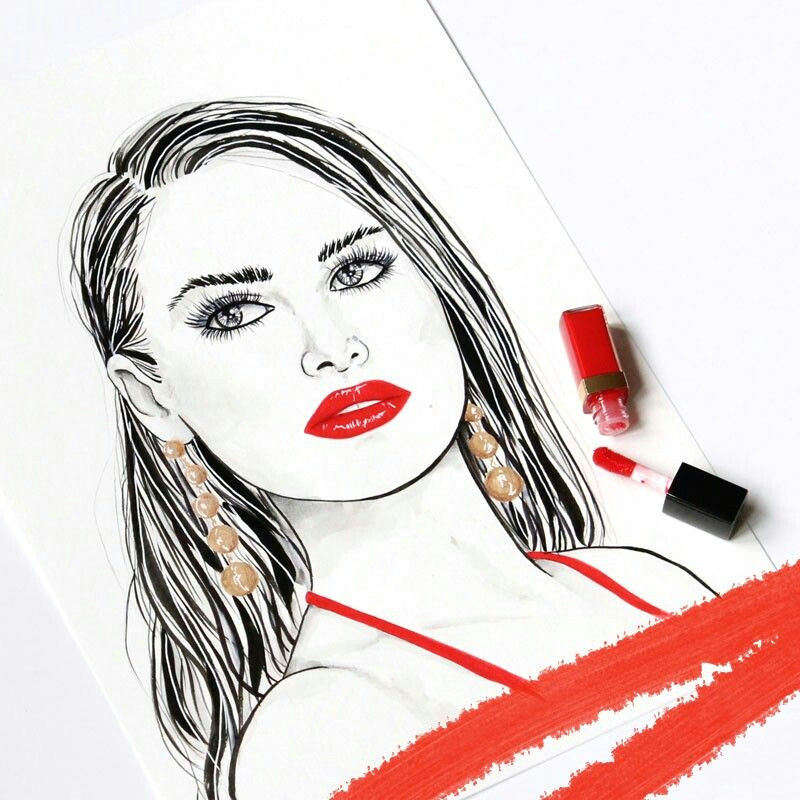 Drawing Of Girl Lips Fashionillustration Of A Beautiful Girl with Red Chanel Gloss Lips