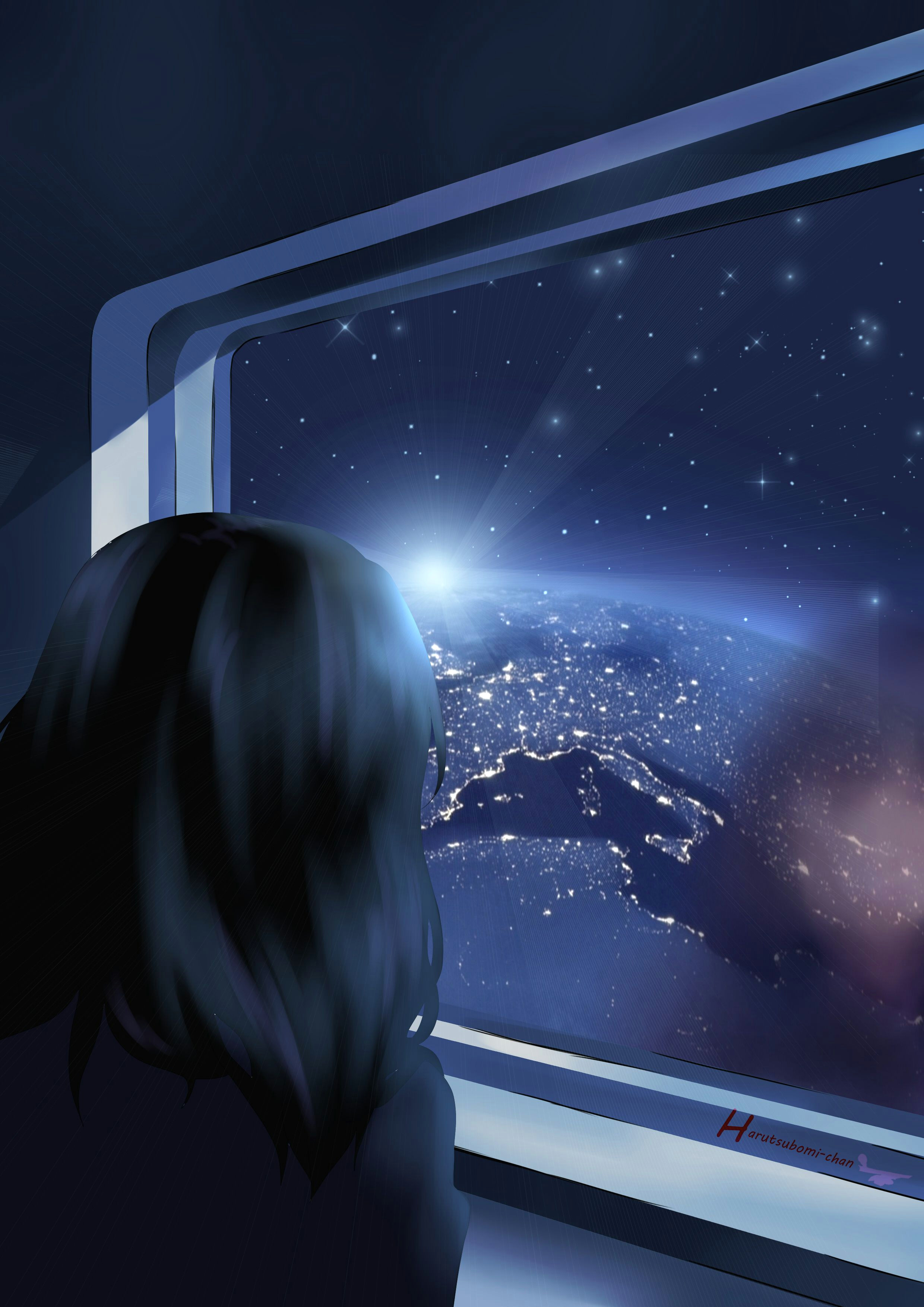 Drawing Of Girl Looking at Sky Space Window Girl Drawing Painting Anime Manga Planet Earth