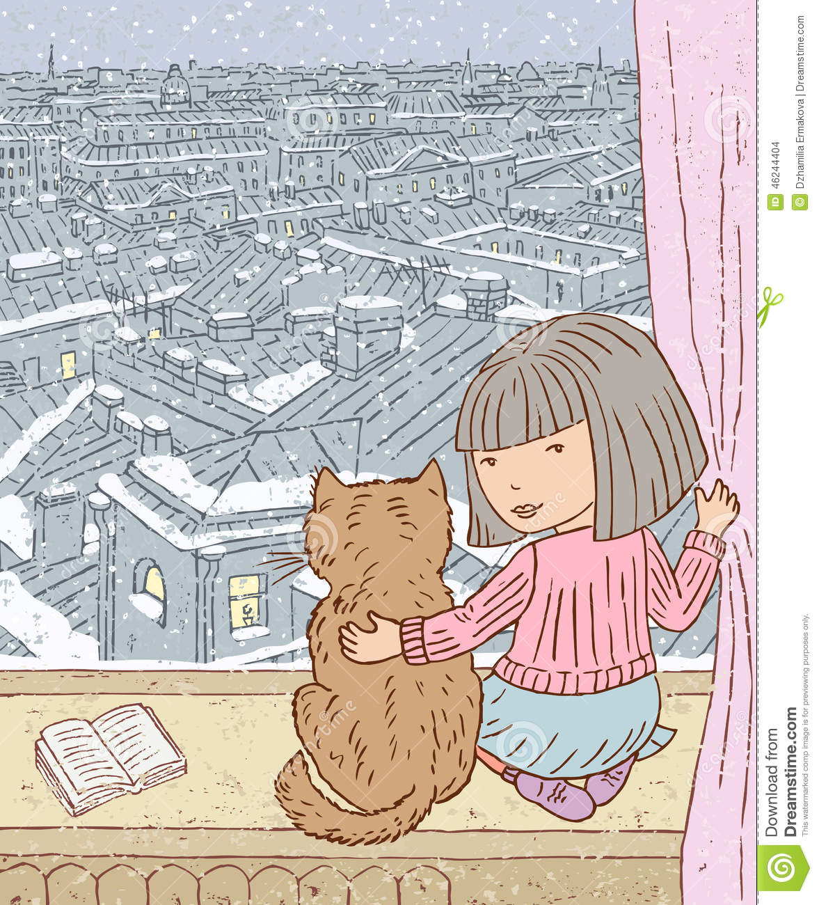 Drawing Of Girl Looking Out Window It is Snowing Stock Vector Illustration Of Cartoon Domestic 46244404