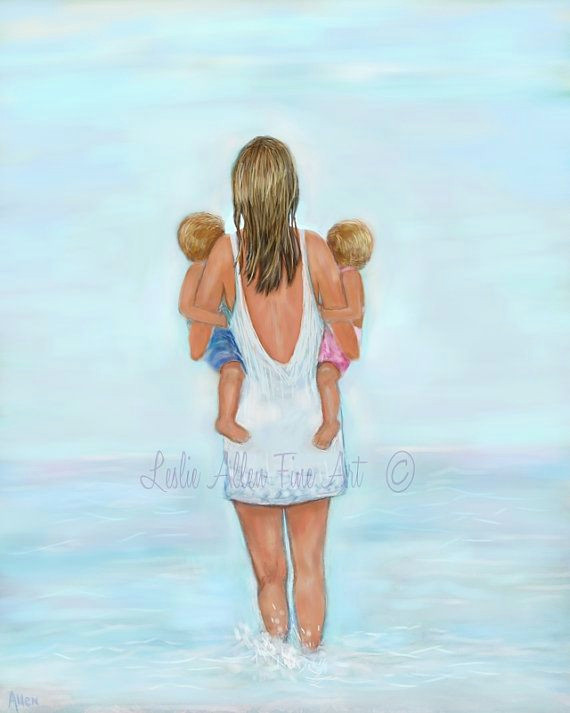 Drawing Of Girl On Beach Mother Daughter son Twins Art Print Big Sister Mom Boy Girl Beach