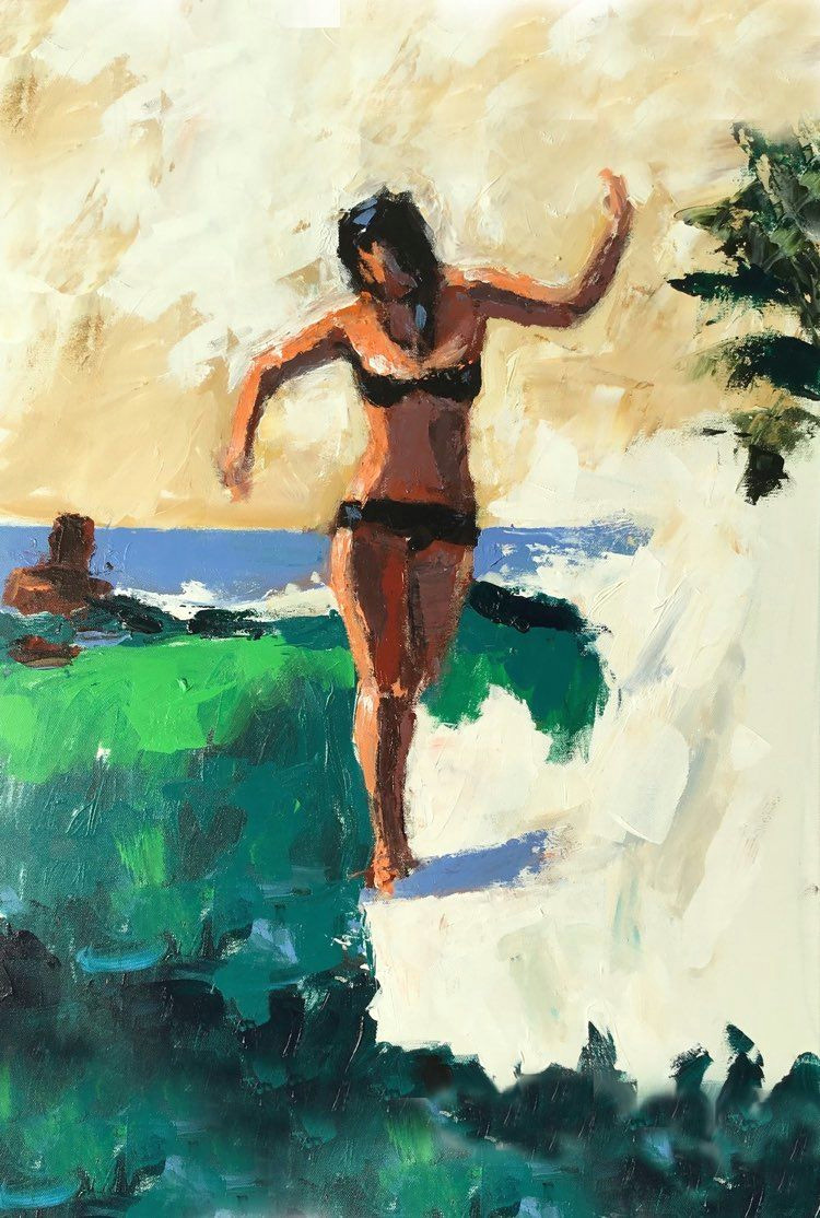 Drawing Of Girl On Beach Single Fin Female Surfer Surf Art by John Holm Beach Art In