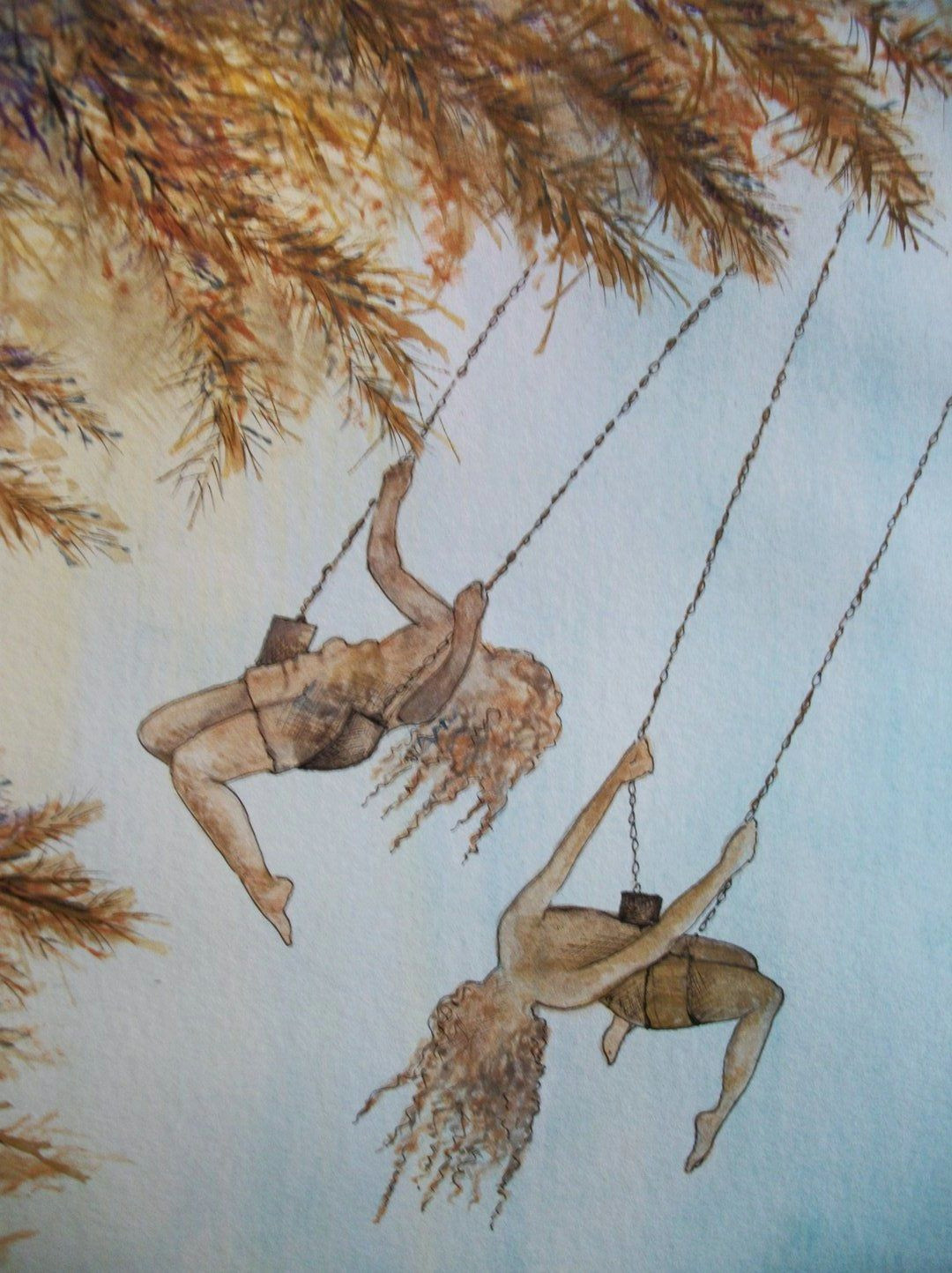 Drawing Of Girl On Swing This is An original Watercolor Painting Of Two Girls On Swings In