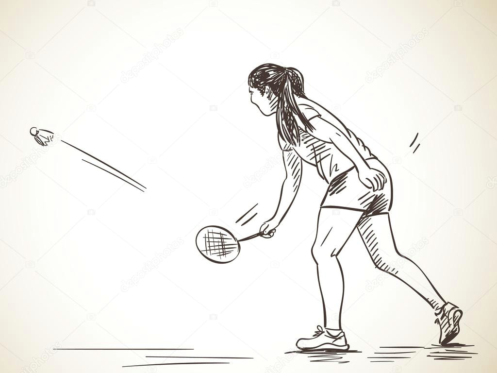 Drawing Of Girl Playing Badminton Szkic Kobiety W Badmintona Grafika Wektorowa A C Olgatropinina