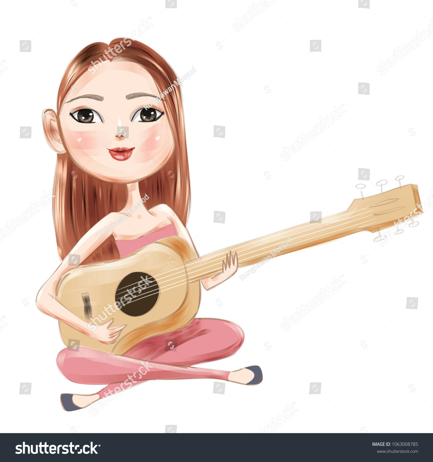 Drawing Of Girl Playing Guitar Young Beautiful Woman Playing Guitar Musmucical Stock Vector