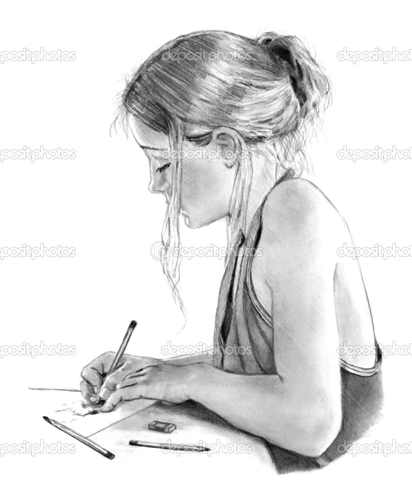 Drawing Of Girl Sitting Girl Drawings Pencil Drawing Of Girl Writing Drawing Stock