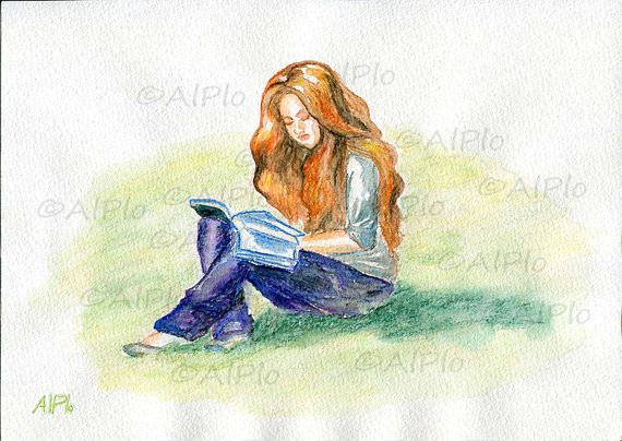 Drawing Of Girl Student original Watercolor Painting Girl Student Long Red Ginger Foxy Hair