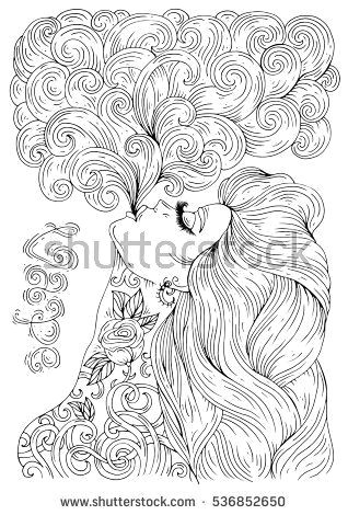 Drawing Of Girl Vaping Vector Hand Drawn In Profile Sexy Tattooed Woman with Long Hair Let