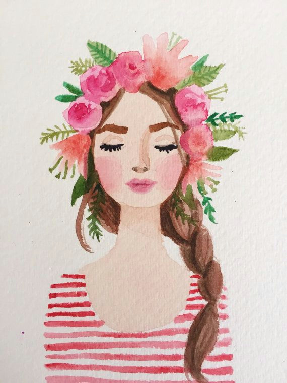 Drawing Of Girl with Flower Crown Flower Crown Girl Watercolor Painting Paintings Other Artwork In