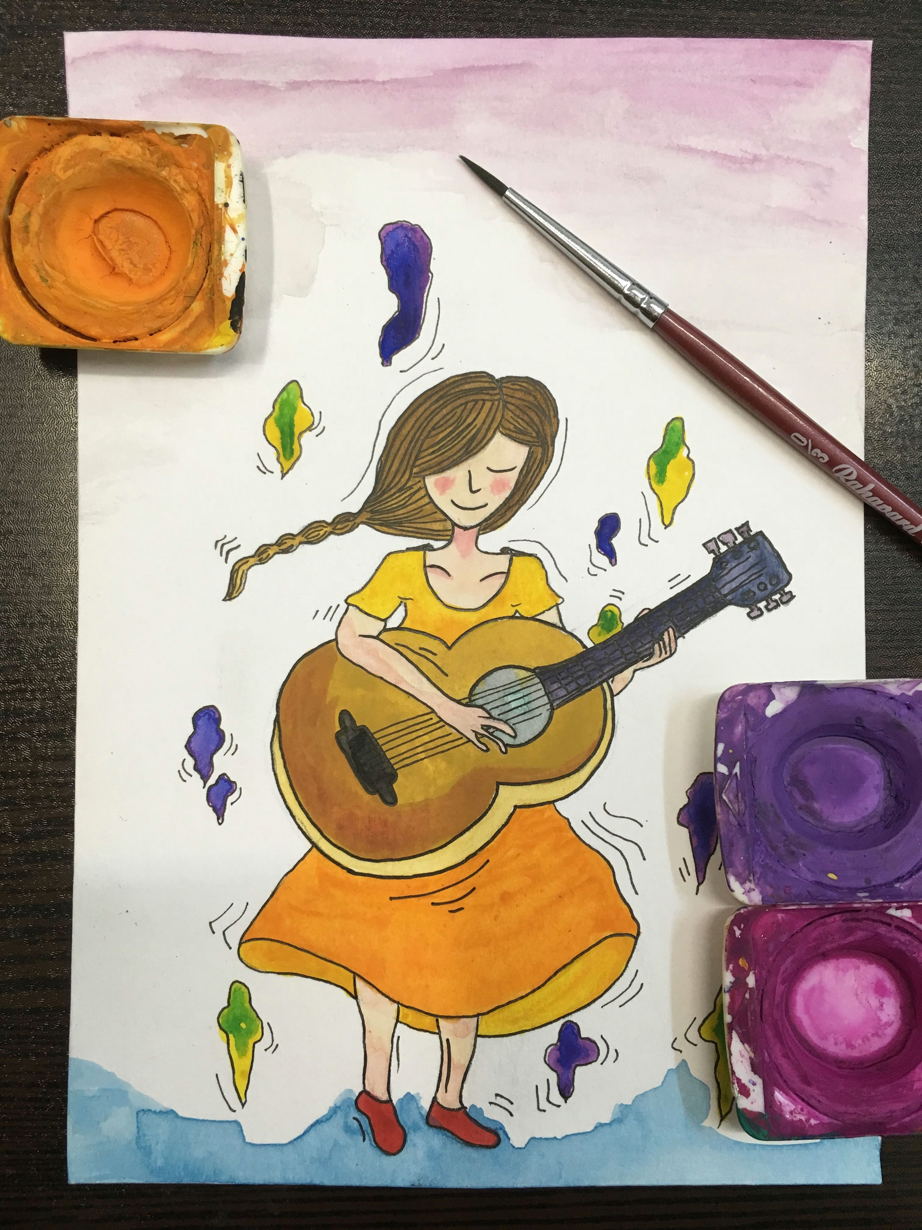 Drawing Of Girl with Guitar Guitarist My Little Girl Trying to Learn Guitar D Guitar Art