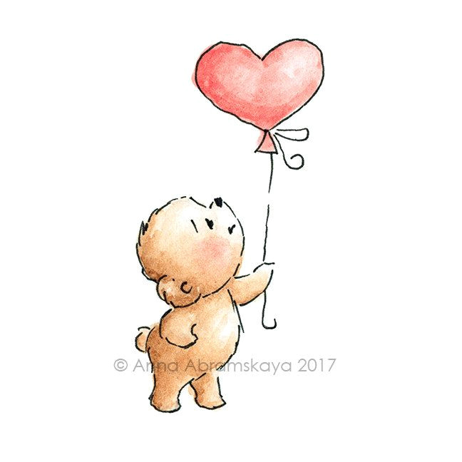 Drawing Of Heart Balloon Teddy Bear with Heart Balloon Printable Art Digital File