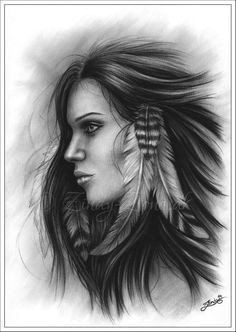 Drawing Of Native Girl She with the Feathers Native Indian Girl Woman Art Print Glossy