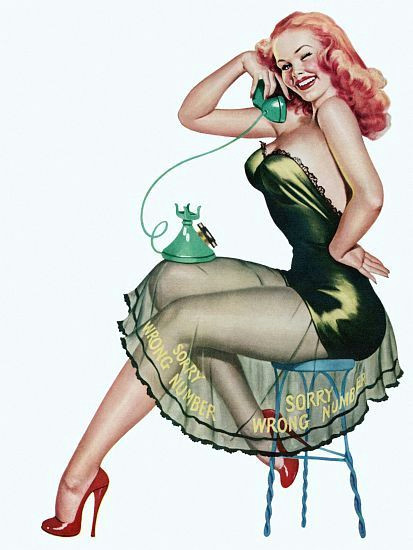 Drawing Of Pin Up Girl Pin Up Art Redhead On A Stool with Phone Poster Vintage Pin Up