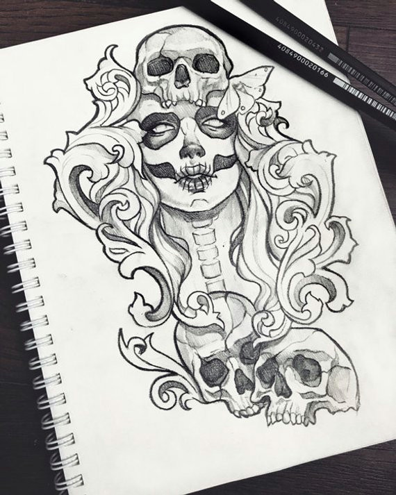 Drawing Of Skull with Flowers Muertos Skull Tattoo Design Ravens Grunge Roses Boho Fantasy Gothic