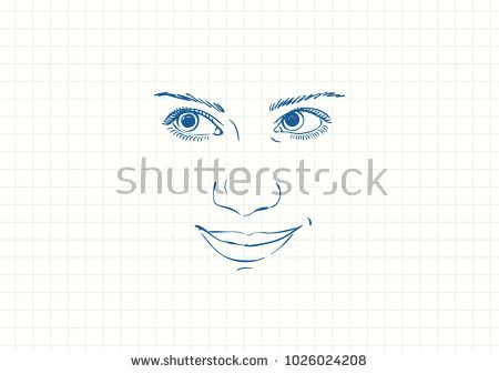 Drawing Of Smiling Eyes Blue Pen Sketch On Square Grid Notebook Page Smiling Teenage Girl