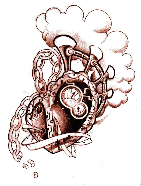 Drawing Of Steampunk Heart Commission for Chris Clock with Lettering Flowers and A Brass