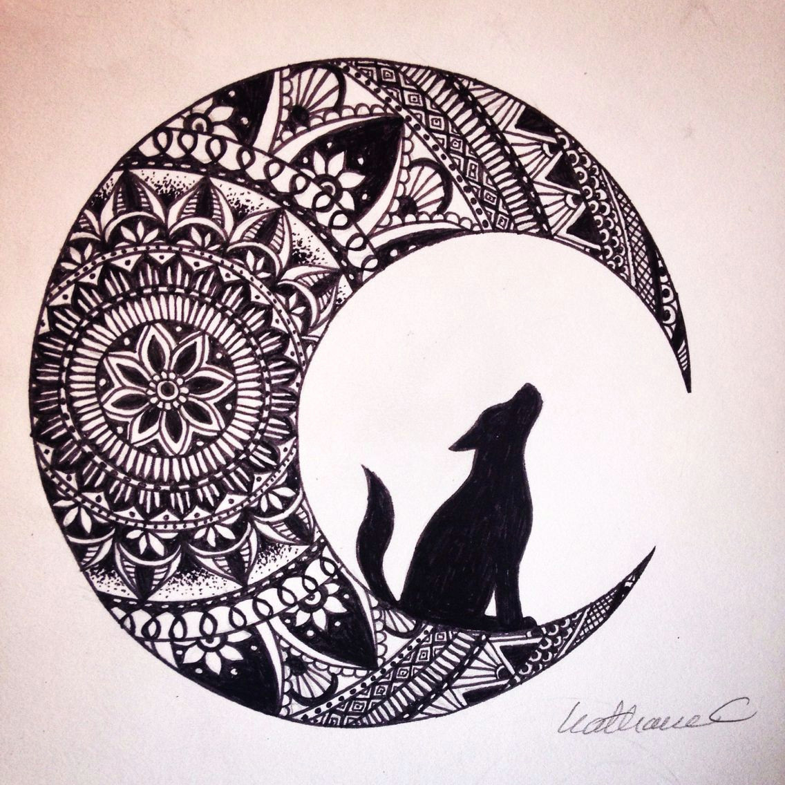 Drawing Of Wolf and Moon Wolf In the Moon Black Ink Mandala Drawing Brusho Coloring Pics