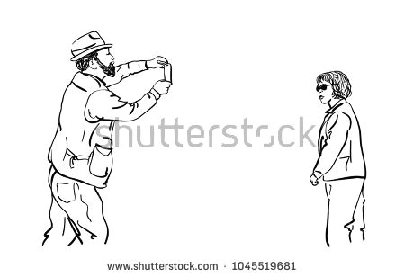 Drawing Of Woman Hands Sketch Of Bearded Man In Hat Taking Photo with Smartphone Of asian
