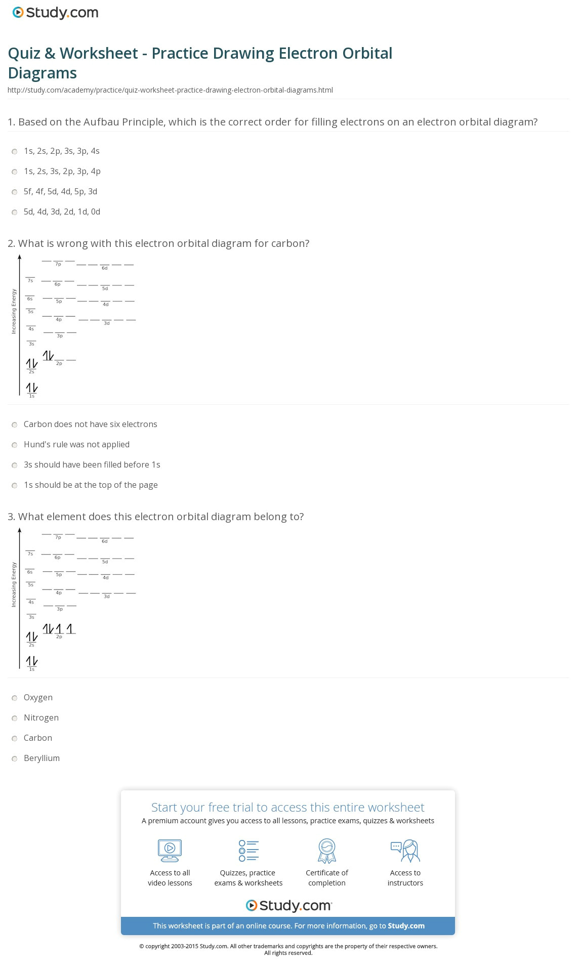 Drawing Quizzes Quiz Worksheet Practice Drawing Electron orbital Diagrams