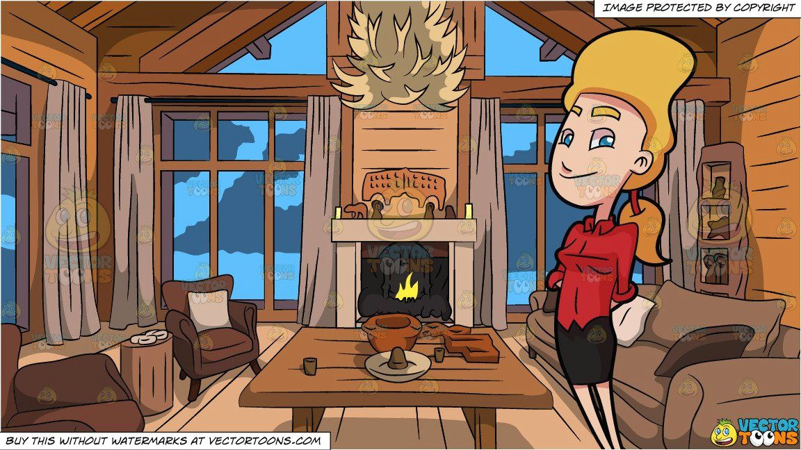 Drawing Room Cartoons A Woman Looking Happy and Wood Cabin Living Room Background