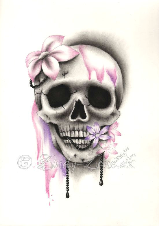 Drawing Skull and Flower Sweet Decay Skull Flower Pink Purple Girl Tattoo Pearls Art Print