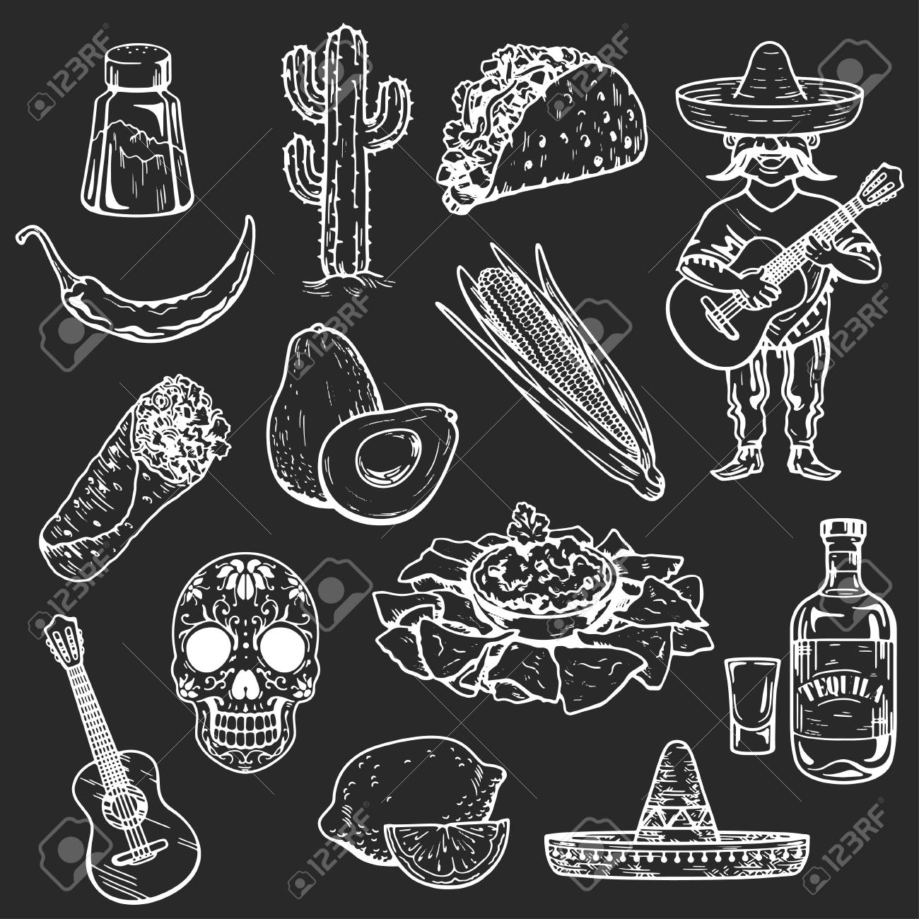 Drawing Skull Mexican Icons Of Mexican Food and Culture Hand Drawn Images Royalty Free