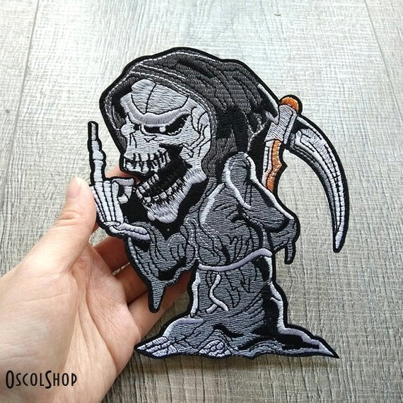Drawing Skull Punk Grim Reaper Skull Death Punk Gothic Big Iron On Patch for Etsy