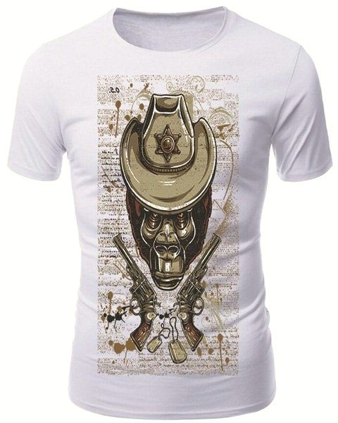 Drawing T Shirt Pattern Modish Round Neck 3d Skull Guns Pattern Short Sleeve Men S T Shirt