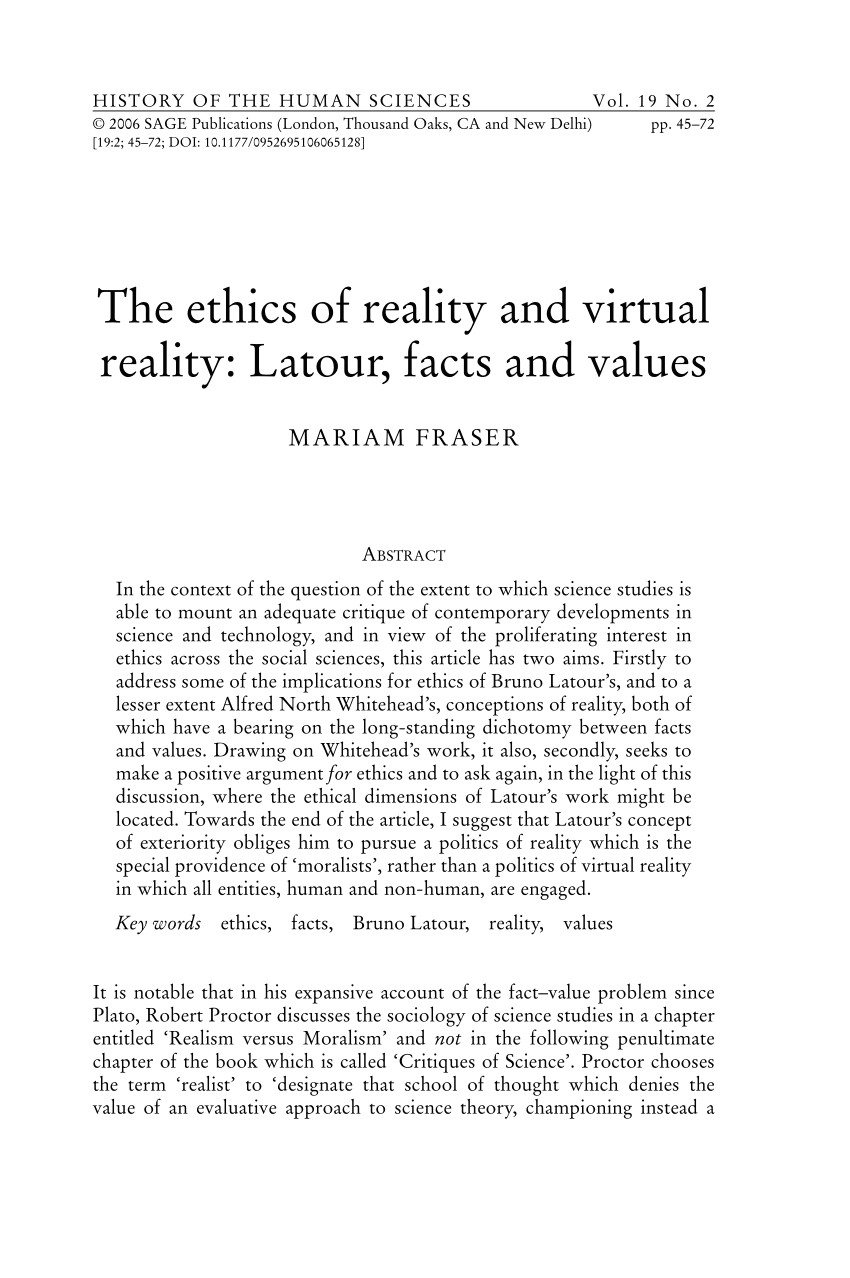 Drawing Things together Latour Pdf the Ethics Of Reality and Virtual Reality Latour Facts and Values