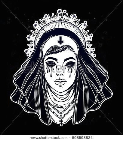 Drawing with No Eyes Artwork Of A Creepy Catholic Nun with No Eyes Filled with Tears