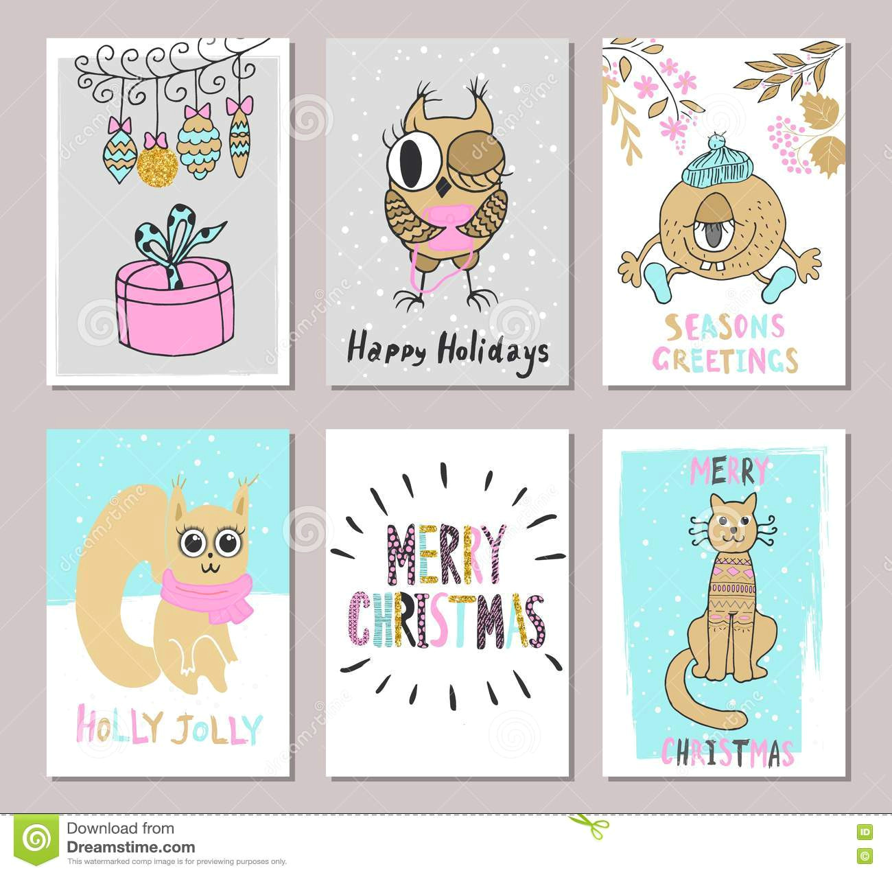 Drawing Xmas Cards Merry Christmas Greeting Card Set with Cute Cat Squirrel Owl Gift