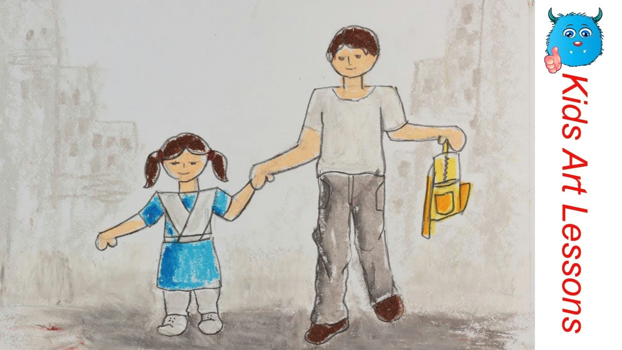 Drawings Hands Youtube How to Draw A Scenery Of Father Taking Daughter to School Easily