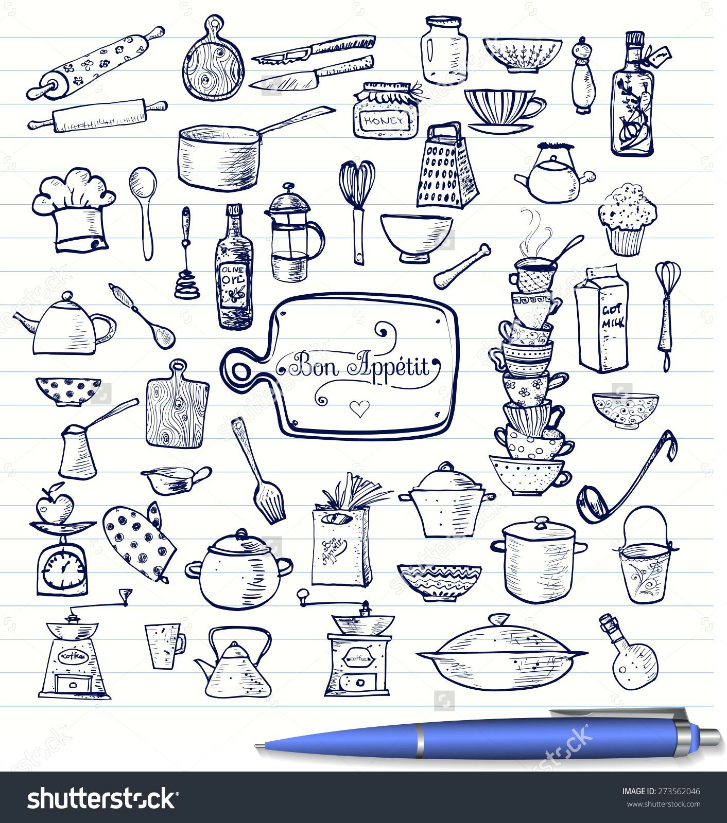 Drawings Of Big Hands Big Set Of Kitchen Utensils Sketches Hand Drawn with Ink Cups